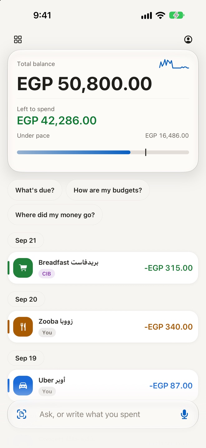 The Feed: total balance, what’s left to spend, and the day’s rows.