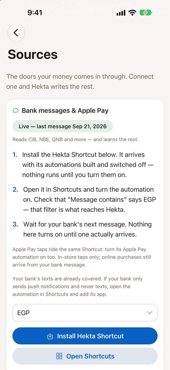 Sources: bank messages and Apple Pay, connected once through Shortcuts.